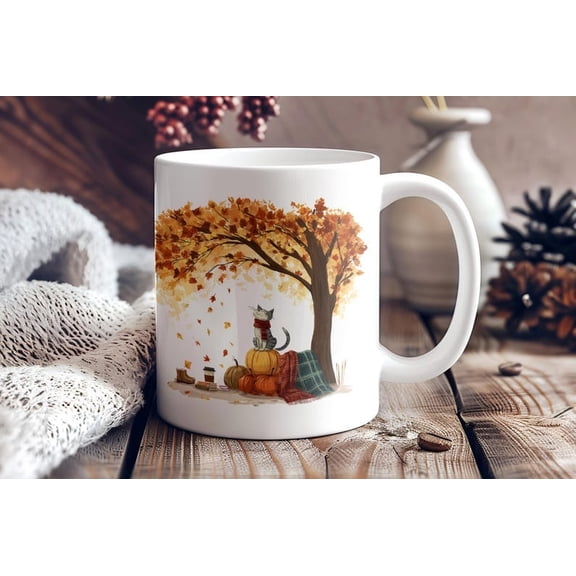 Cute Autumn Cat Mug, Fall Leaves Cup, It’s Fall Y’all Coffee Mug, Seasonal Decor Mug, Thanksgiving Gift for Her