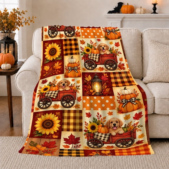 Cute Autumn Puppies Pumpkins Sunflowers Patchwork Harvest Scene, Festive Pet Portrait Pattern, Warm Flannel Blanket for Living Room and Bedroom, Dog Lovers Thanksgiving Gift, Pet Lover Home Decor
