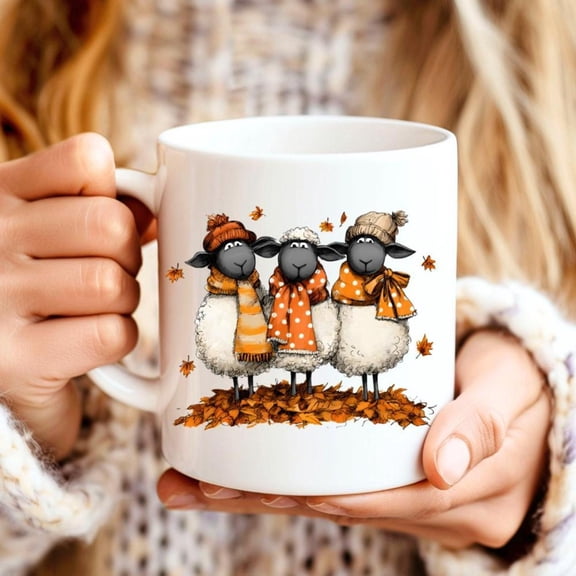 Cute Autumn Sheep Mug Fall Farmhouse Coffee Cup Sheep in Scarves Hats Leaves