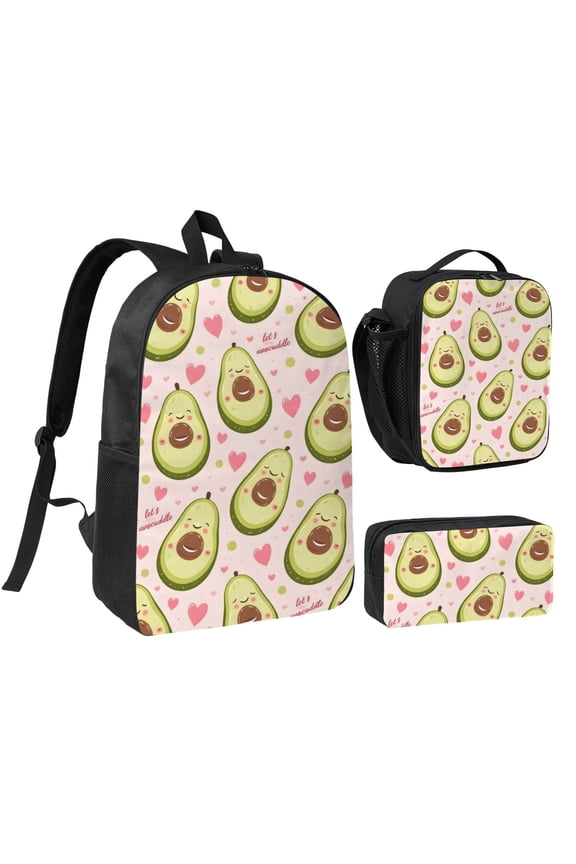 Cute Avocado Backpack Set 3pc ,Backpack with Lunch Bag and Bag 17 Inch