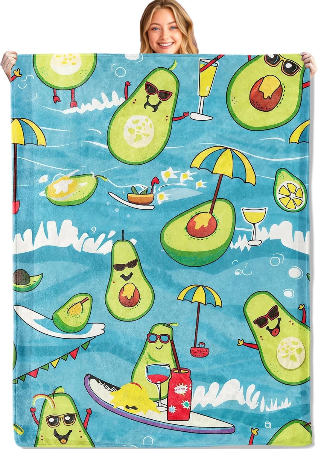 Cute Avocado Blue Throw Blanket 60x80in, Soft Lightweight Flannel, Summer Cartoon Beach Surfboard Umbrella Drink Blankets - Gifts for Adult, for Couch Office Travel Home Living Room Party Decor