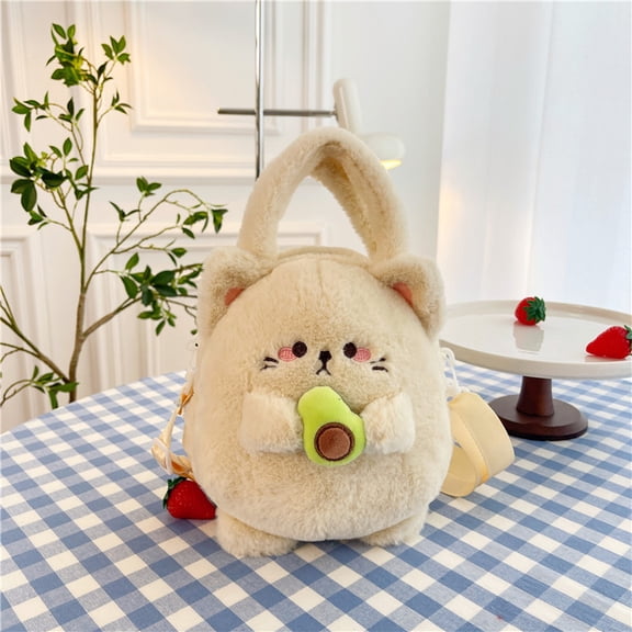 Cute Avocado Cat Plush Crossbody Bag, Soft Fluffy Cartoon Animal Handbag for Girls Daily Use