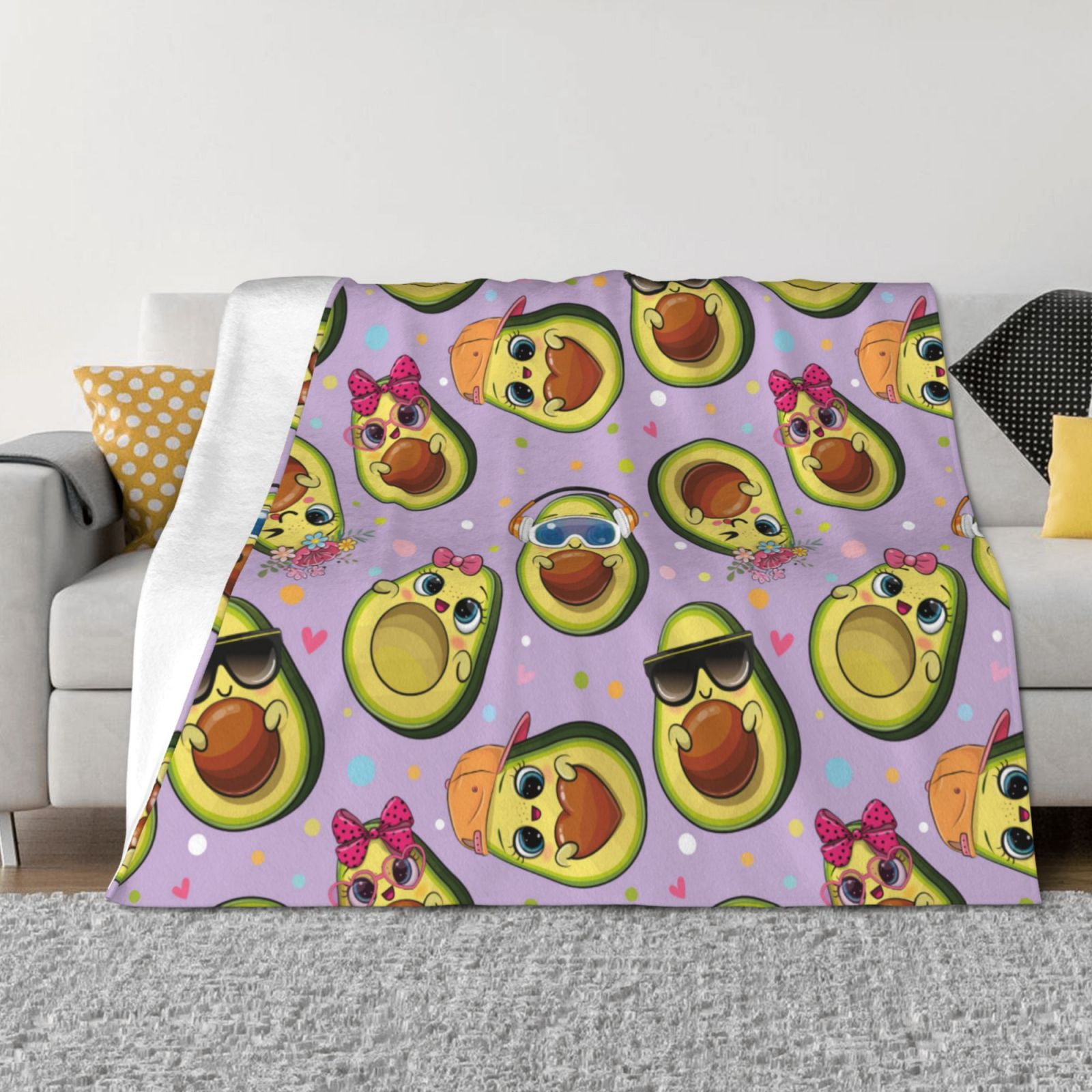 Cute Avocado Flower Purple Throw Blanket for Couch, Soft Fuzzy Comfy