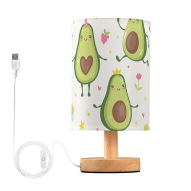 Cute Avocado Pattern Bedside Table Lamp LED Warm Lights with USB Charging Port Retro Cylinder Desk Lamps