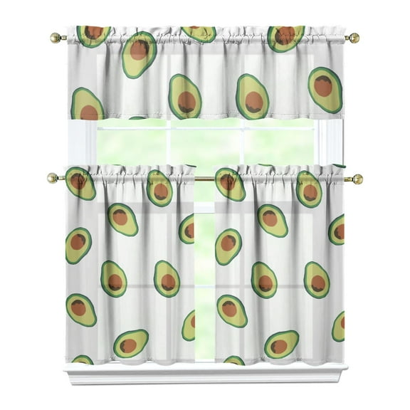 Cute Avocado Pattern Kitchen Curtains Set, Green Fruit Print Tier and Valance with Kawaii Aesthetic Design, Fresh Kitchen Window Drapes for Fruit Lovers