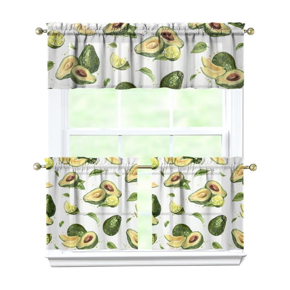 Cute Avocado Print Kitchen Curtains Set of 3 - Green Fruit Illustration Semi-Sheer Rod Pocket Short Curtains for Small Windows (54x18"/27.5x24")