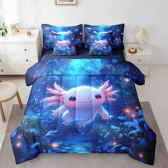 Cute Axolotl 7-Piece Bedding Set Dreamy Animal Cartoon Salamander Bed In A Bag With Sheets Pink Kawaii Axolotl Queen Comforter Set Teen,Woodland Wildlife Botanical Bed Set