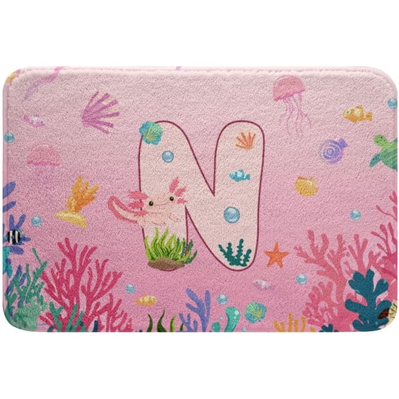 Cute Axolotl Bathroom Rugs Personalized Initial N Bath Mat,Pink Ocean Animal Doormats for Kids and Adults Kawaii Beach Sea Life Floor Mats,16"X 24"
