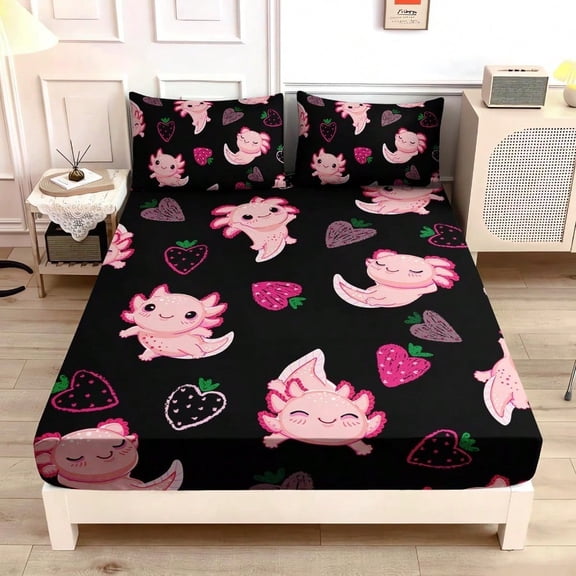 Cute Axolotl Bed Set Full Size Pink Axolotl Strawberry Printed Bedding 1 Fitted Sheet Set + 2 Pillowcases.