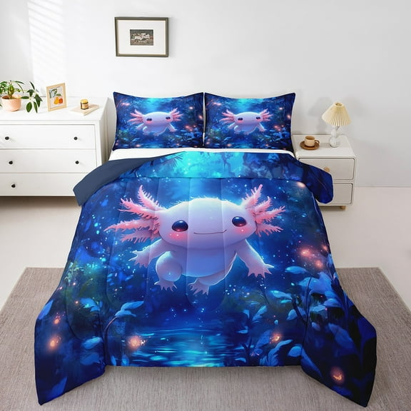 Cute Axolotl Bedding Set Dreamy Animal Cartoon Salamander Down Comforter Pink Kawaii Axolotl Queen Comforter Set Teen,Woodland Wildlife Botanical Bed Set
