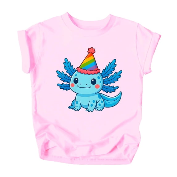 Cute Axolotl Birthday Shirt for Boys and Girls Kawaii Party Hat Graphic Tee for Kids and Toddlers Pink Shirt 2T