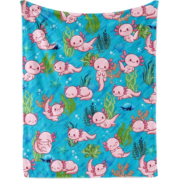 Cute Axolotl Blanket Gift for Girls Boys, Soft Plush Pink Axolotls Flannel Blanket for Baby Newborn Crib, Cozy Warm Blue Ocean Axolotls Fluffy Throw Blanket for Toddler Kids Couch Sofa, 40x50 inch