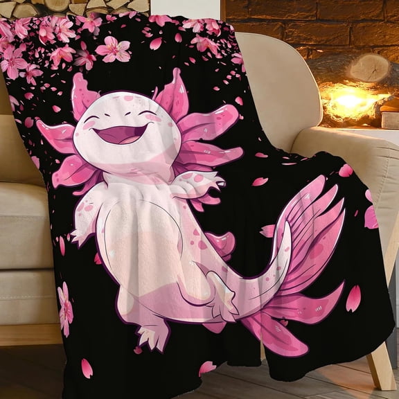 Cute Axolotl Blanket Pink Cherry Blossoms Blankets for Women men Super Soft Warm Fleece Axolotls Flannel Throws Cozy Fuzzy ​Funny Plush Stuffed Bedding Gifts for Men Women Bedroom Decor 50"x40"