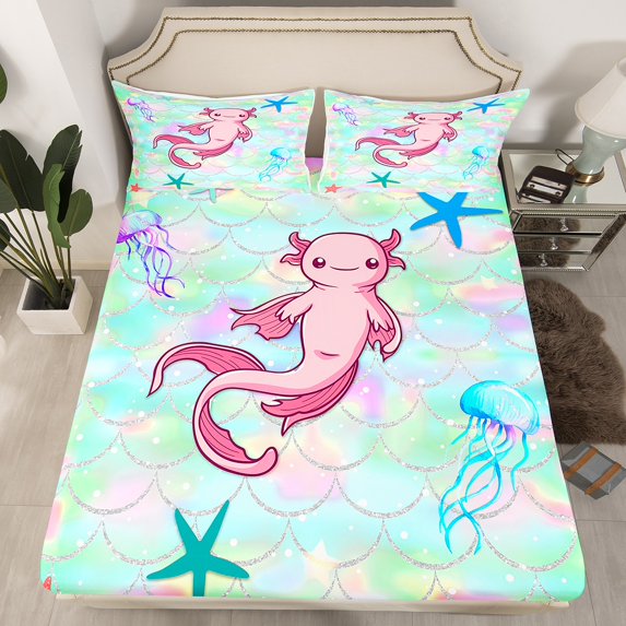 Cute Axolotl Fitted Sheet Glitter Mermaid Scales Bed Set Rainbow Pink Ocean Creatures Cartoon Salamander Bed Sheets,1 Fitted Sheet 1 Pillowcase Twin Size(No Top Sheet)