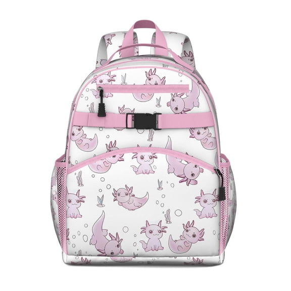 Cute Axolotl Kawaii Cartoon Students Backpack, Adorable Funny Colorful Mythical Fantasy Creature Gift for Lovers
