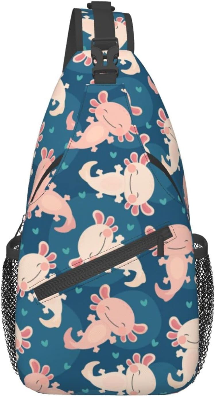 Cute Axolotl Kawaii Pattern Sling Bag Crossbody Hiking Travel Chest Bags Backpack Shoulder Daypack for Women Men