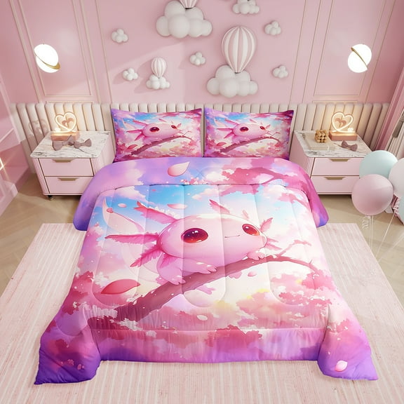 Cute Axolotl Comforter Set Twin Size,Sakura Tree Cherry Blossom Romantic Bedding Set,Women Room Decor,Cloud Cartoon Salamander Down Comforter,Pink Romantic Duvet Insert,1 Pillowcase
