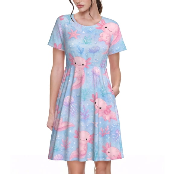 Cute Axolotl Ocean Dresses Short Sleeve Nightdresses for Women
