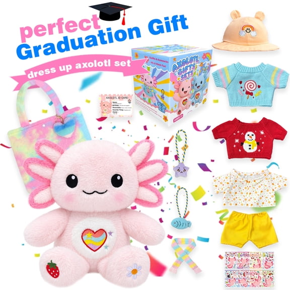 Cute Axolotl Plush Gift Set 12 Pcs Axolotl Stuffed Animal Clothes & Accessories, 13-Inch Axolotl Toy for Girls, Birthday & Kindergarten Graduation Gifts Ages 4-12
