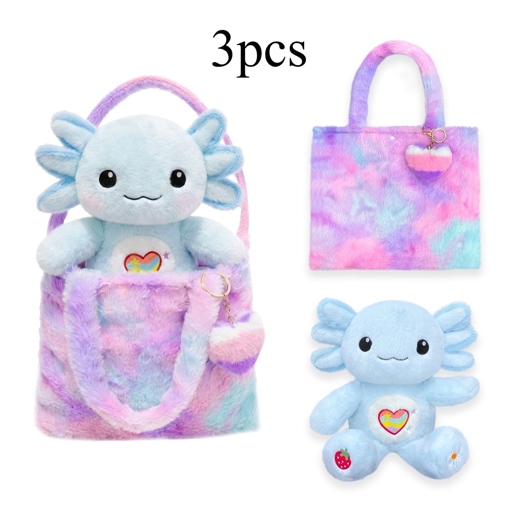 Cute Axolotl Plush Gift Set with 13-inch Axolotl Toy, a Gradient Bag, and a Heart Keychain, Birthday Gifts/Christmas Day for Girls Kids Ages 4-12