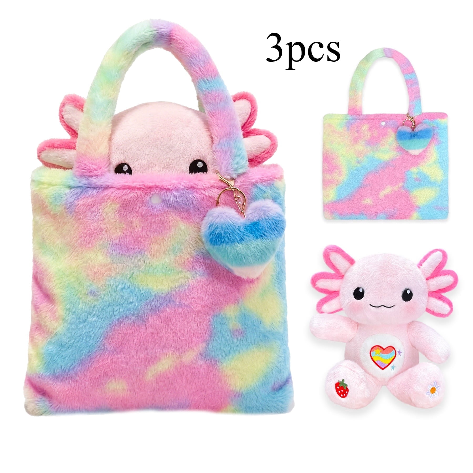 Cute Axolotl Plush Gift Set with 13-inch Axolotl Toy, a Gradient Bag, and a Heart Keychain, Birthday Gifts/Christmas Day for Girls Kids Ages 4-12