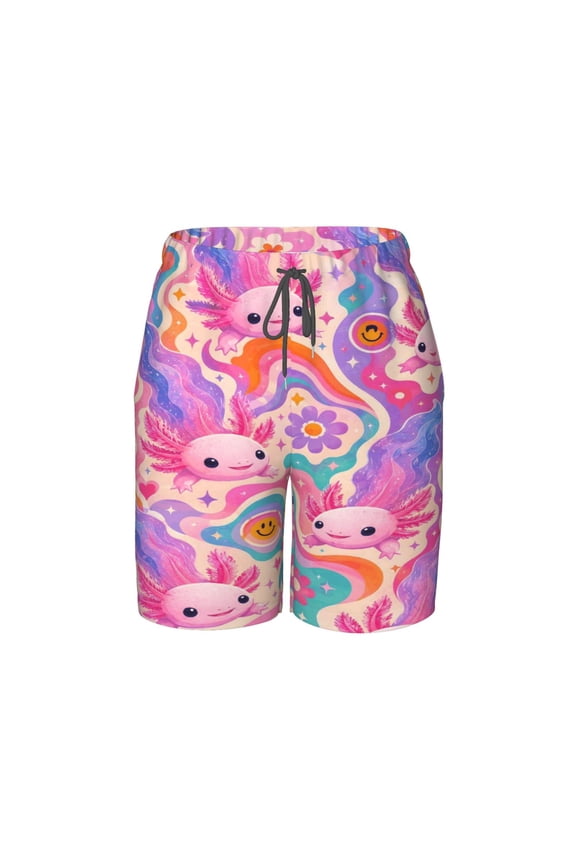 Cute Axolotl Rainbow Beach Pants Lightweight Teen Shorts with Mesh Lining and Drawstring