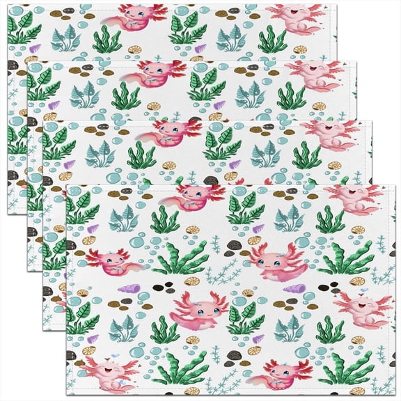 Cute Axolotl Table Place Mats Kids Cartoon Salamander Kids Placemat Decor Water Plant Placemats for Dining Table Sea Creature Underwater World Pink Table Mats for Kitchen Decor Dinner Indoor 18"x12"
