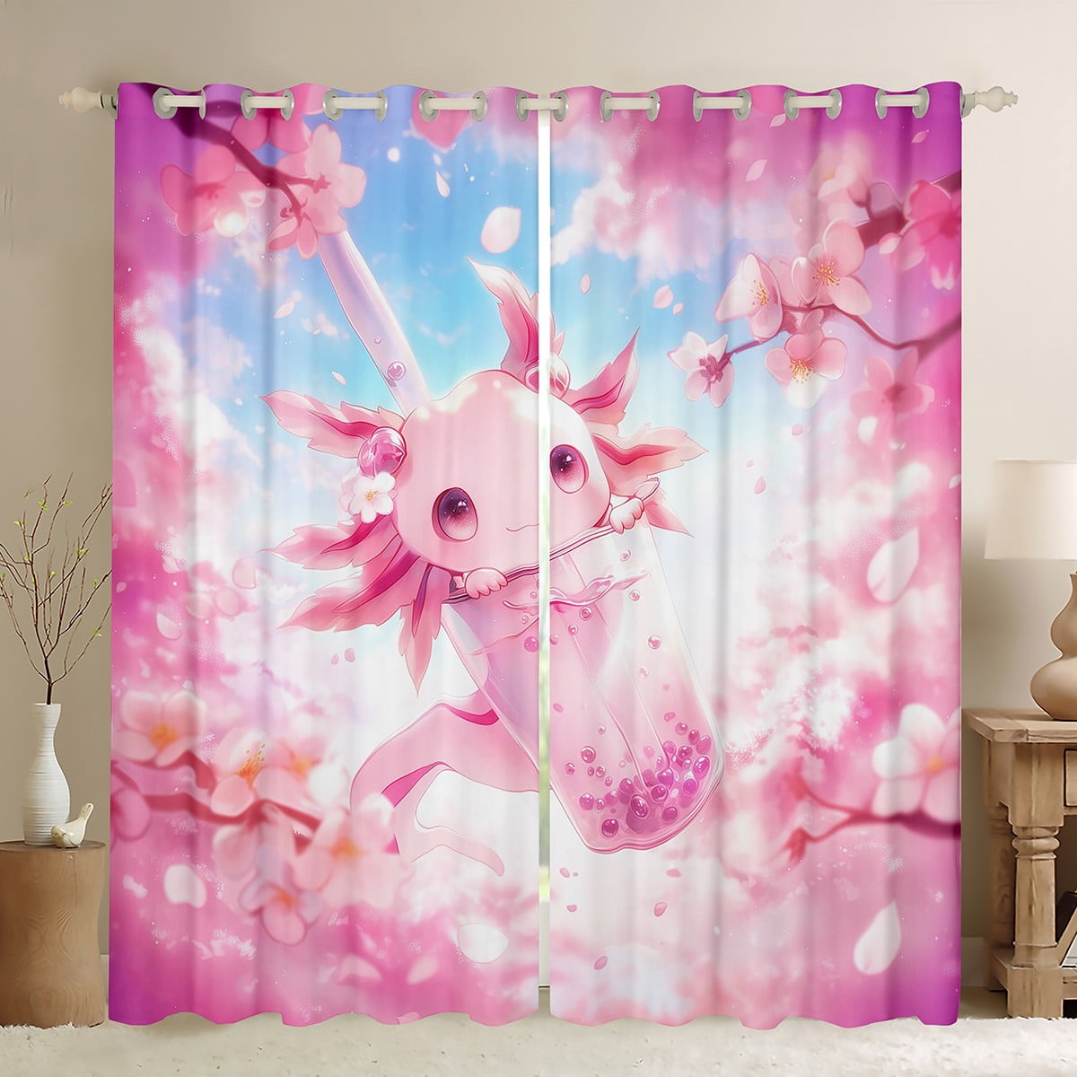 Japanese Cherry Blossom Curtains - 26x36 Inch Sakura Tree Print Window Panels, Set Of 2