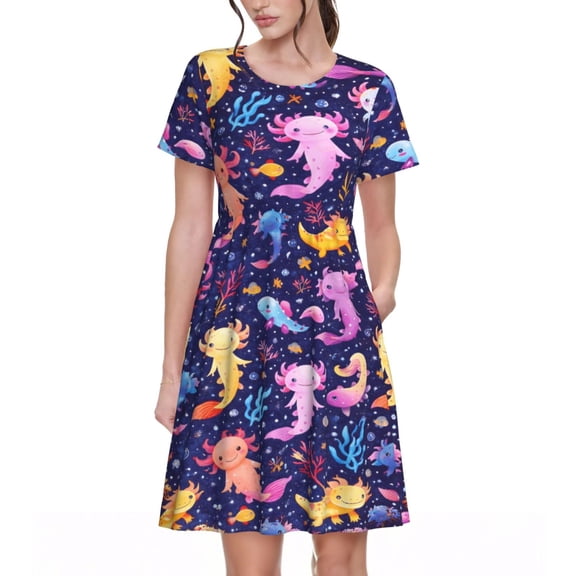 Cute Axolotl Women's Dresses Short Sleeve Nightdresses for Summer