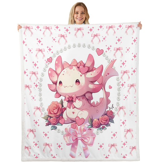 Cute Axotol Plush Throw Blanket,Girly Pink Bow Roses Flannel Fleece Blanket for Women Teens All Season,Cartoon Wildlife Floral Bed Blanket Room Decor 50x60