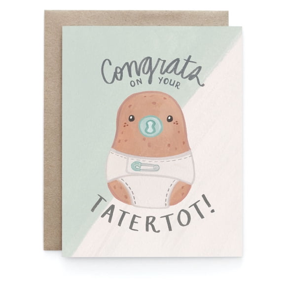 Cute Baby Announcement Card  "Congrats on Your Tatertot!" Design  Adorable Baby Potato Illustration with Blank Inside  Perfect for New Parents
