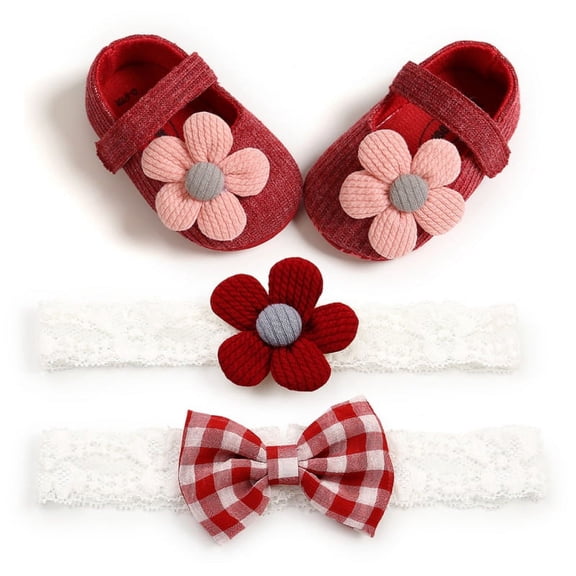 Cute Baby Big Flower Decor Princess Shoes with 2 Headband,Soft Soled Prewalkers