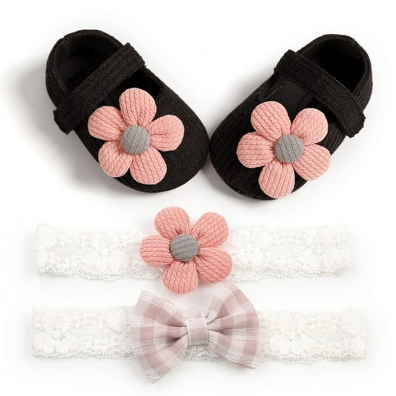 Cute Baby Big Flower Decor Princess Shoes with 2 Headband,Soft Soled Prewalkers