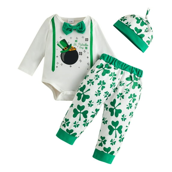 Cute Baby Boy Outfits Girls Boys St. Patric.k's Day Long Sleeve Romper Bodysuit Pants Hat Set Clothes 3Pcs Fall Outfits,9-12M