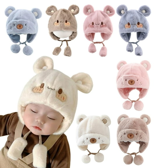 Cute Baby Boys Girls Winter Hats Bear Ears Earmuffs Cap with Soft Balls, Fleece Warm Hemming Caps