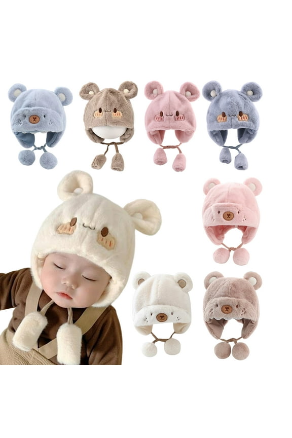 Cute Baby Boys Girls Winter Hats Bear Ears Earmuffs Cap with Soft Balls, Fleece Warm Hemming Caps