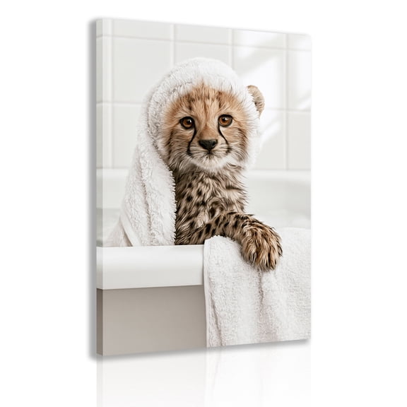 Cute Baby Cheetah in a Bathtub Wrapped in a White Towel — Framed Canvas Wall Art, "Cheetah Cub's Bath Time" Poster, Children's Bathroom Decor