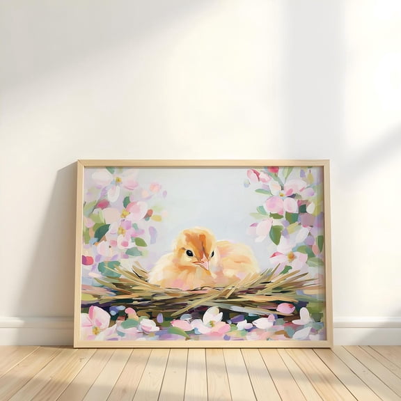 Cute Baby Chick In Nest Springtime Cottagecore Art Pastel Nursery Fluffy Chick Cozy Wall Decor