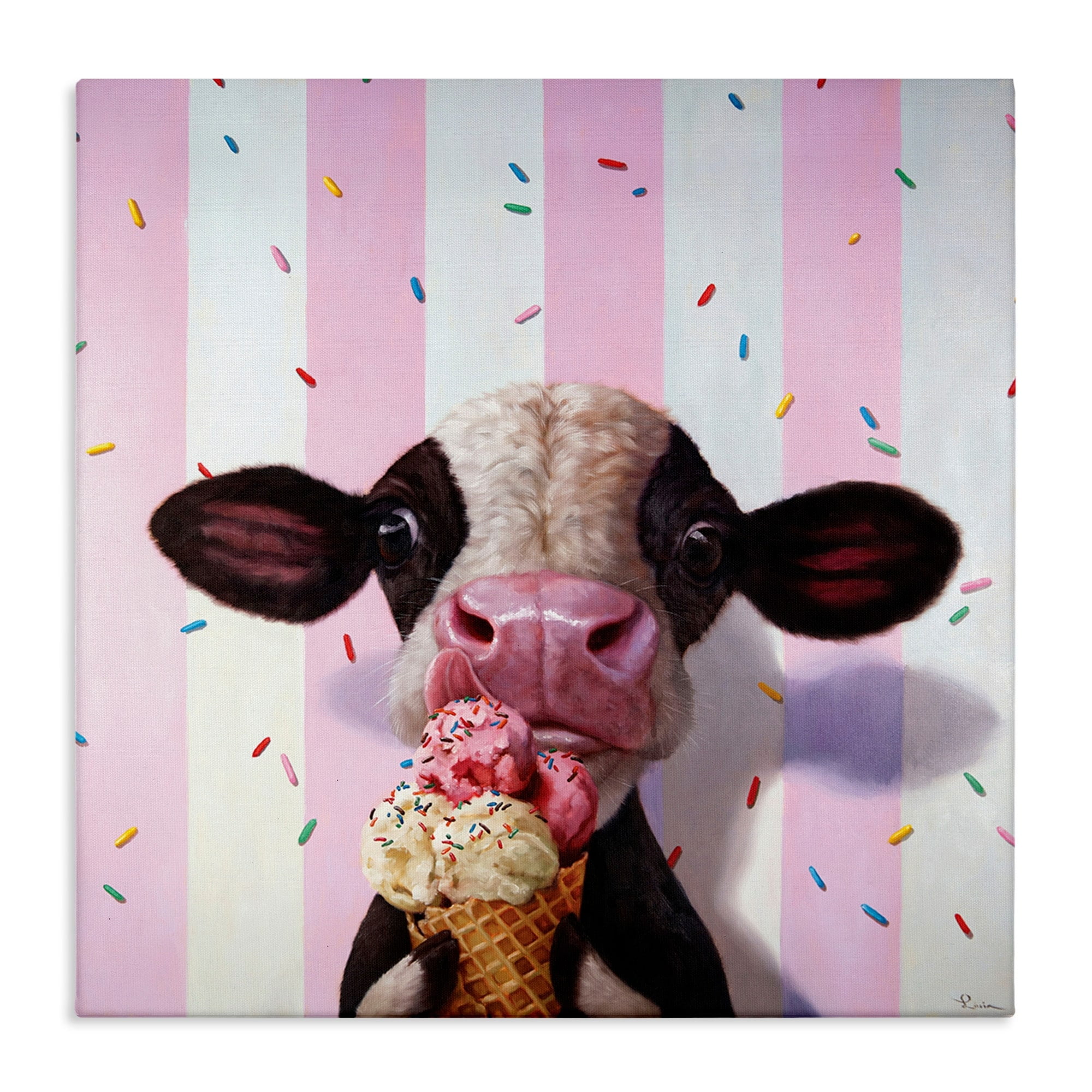Stupell Industries Cute Baby Cow with Ice Cream Cone Pink Stripes,24 x 24,Designed by Lucia Heffernan