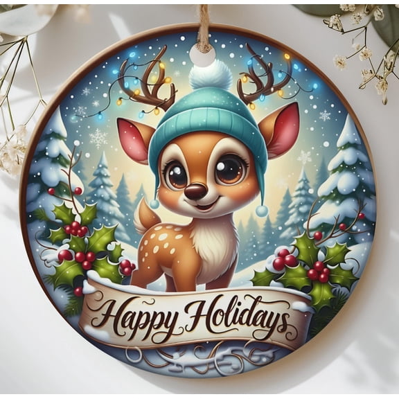 Cute Baby Deer Happy Holidays Ornament Whimsical Fawn Christmas Tree Decor Festive Winter Wonderland Gift 2D FLAT Ceramic Ornament