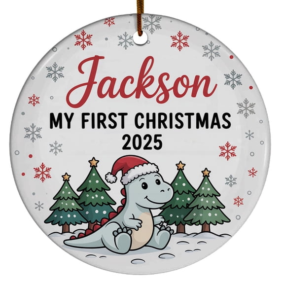 Cute Baby Dinosaur First Christmas Ornament 2025, Ornament Babys 1st Christmas Keepsake, Custom Name Text Birthday Christmas Ornament Gift for New Dad Mom Newborn