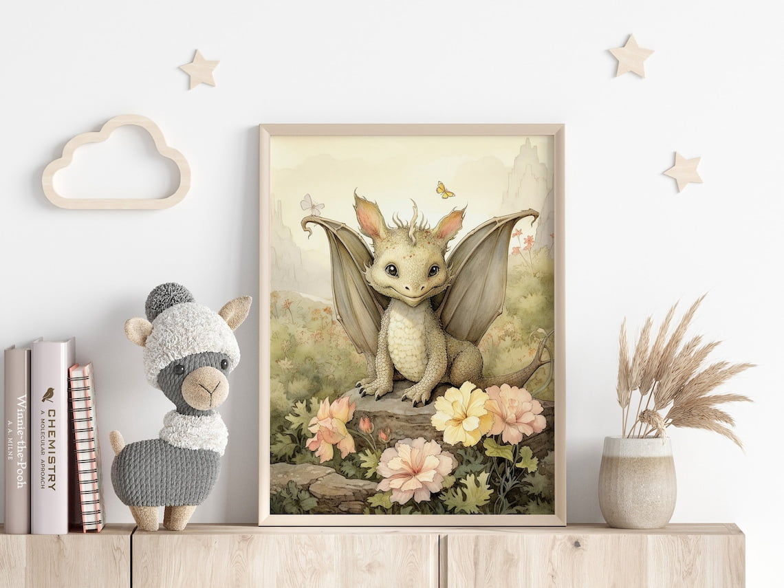 Cute Baby Dragon Nursery Wall Art Fairy Tale Whimsical Nursery Decor ...
