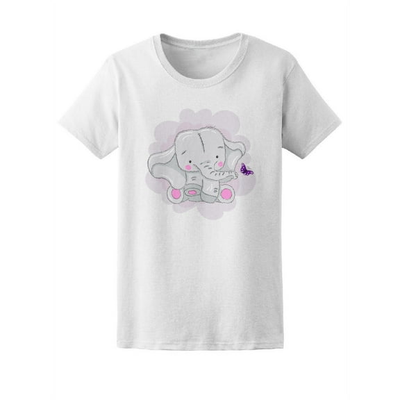Cute Baby Elephant & Butterfly T-Shirt Women -Image by Shutterstock, Female Large