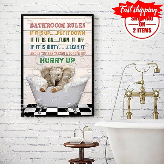Cute Baby Elephant In The Bathtub Bathroom Rules If It Is Up Put It Down 11 x 17 Inch Poster
