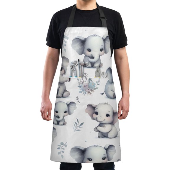 Cute Baby Elephant and Plant Kitchen Apron with 2 Pockets Adjustable waterproof Cooking Aprons for Women Men Chef