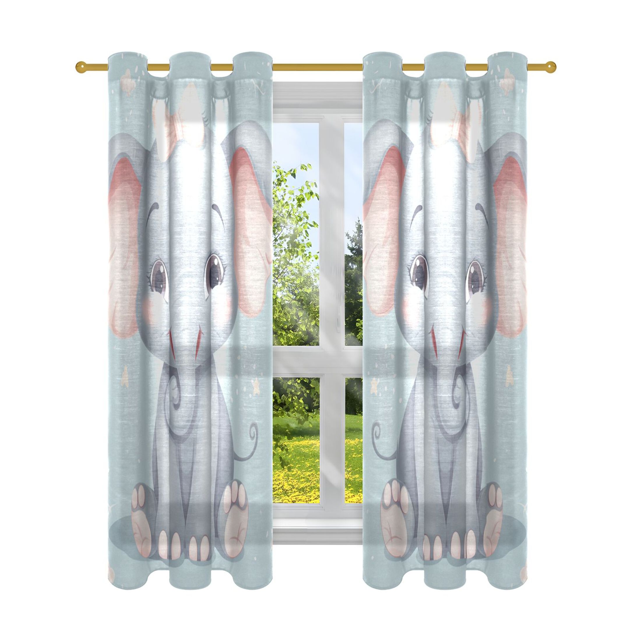 Cute Baby Elephants with Bowknot Window Curtains Decorative Drapes with