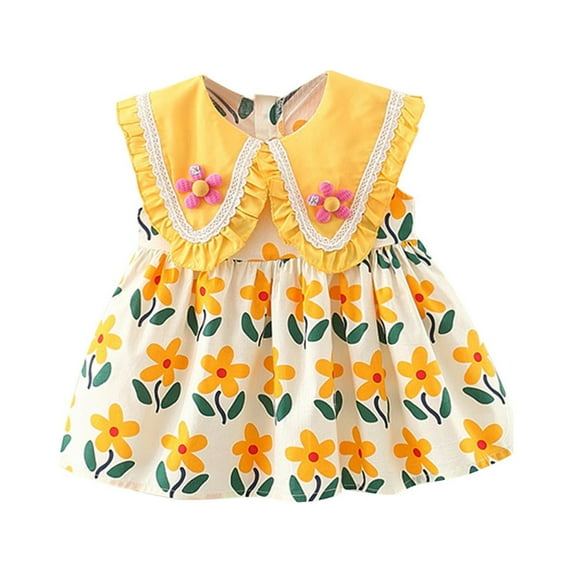 Cute Baby Girl Clothes Dresses 3-6M Peter Pan Collar Princess Cotton Floral Dress Infant Summer Casual Fashion Outfits Yellow 2 Years