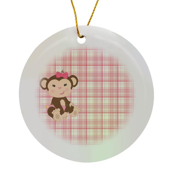 3drose, Cute Baby Girl Monkey in Pink on Light Pink Plaid Background, Circle Porcelain Ornament