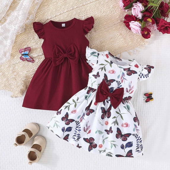 Cute Baby Girl Summer Fashion Print Dress + Solid Color Dress 2-piece ...
