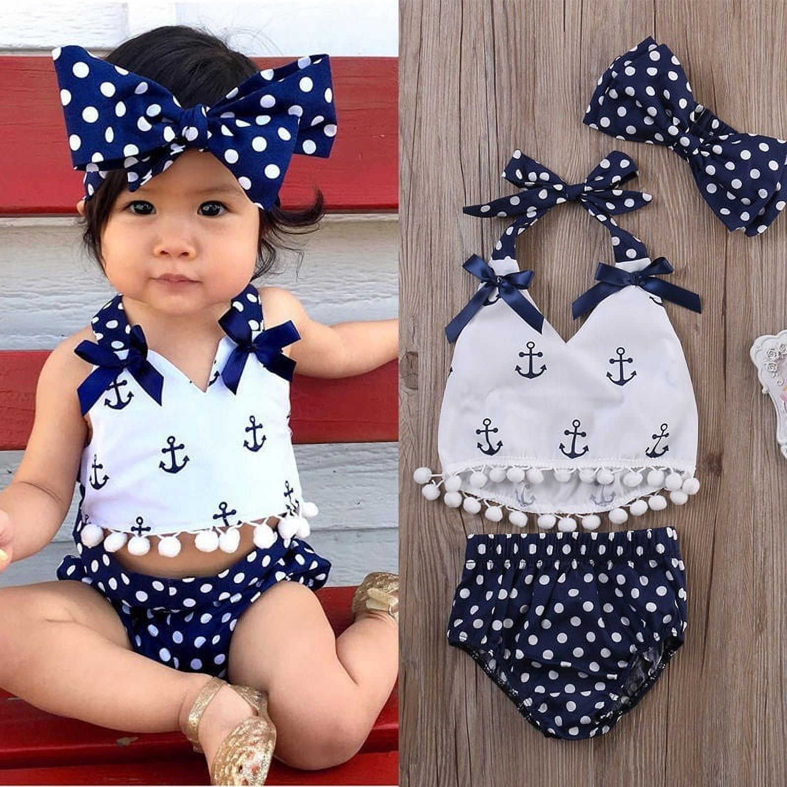 Cute Baby Girls Clothes Anchors Tops+Polka Dot Briefs+Head Band 3pcs  Outfits Set 